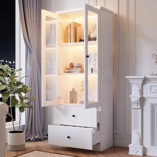 BTM Moderne LED-Vitrine weiß matt 165 cm hoch USB-Anschluss, 16-Farben-Fernbedienung, Glasvitrine 2 Schubladen, Vertikalvitrine verstellbaren Fachböden, Vitrine Flügeltüren, MDF-Wohnzimmer
