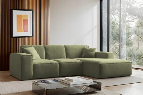 Kaiser Möbel Ecksofa Siena L, Sofa L form, Couch Salvador Olive Rechts - Ecksofa Siena L bietet außergewöhnlichen Komfort und Eleganz mit pflegeleichtem, abriebfestem Stoff. Ideal für moderne Interieurs und perfekt für entspannte Stunden.
