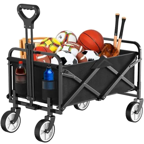 Faltbarer Wagen auf Rädern, Zusammenklappbarer Wagen mit 100kg Große Kapazität, All-Terrain-Räder mit Verstellbarem Griff, Picknick-Transporter für Shopping, Camping, Garten, Strand (Schwarz-1)