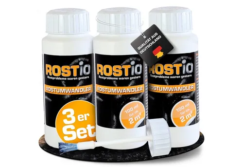 Rostio Rostschutzgrundierung ROSTIO Rostumwandler 100ml mit Pinsel - Rostkonverter, 3-tlg., Rostumwandler & Grundierung in einem. Kein abwaschen erforderlich