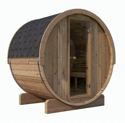 Traditionelles Outdoor Holz-Dampfbad für 4-6 Personen - Hochwertiges Dampfbad für entspannende Momente im Freien. Aus massivem Holz, mit Sawo Ofen für angenehme Wärme. Ideal für gesellige Stunden mit Freunden oder Familie.
