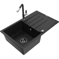 Mexen Bruno 1 Becken-Granitspüle mit Abtropffläche und Mischbatterie Flora, Schwarz