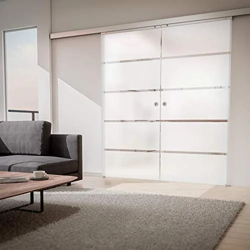 Doppelflügelige Schiebetür aus Glas mit Softclose - Zimmertür aus 8 mm starkem Sicherheitsglas, lichtdurchlässig und platzsparend. Ideal für stilvolle Raumtrennungen mit leise laufendem Hängesystem und einfacher Montage.