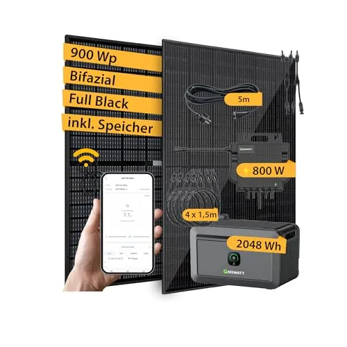 VALE Balkonkraftwerk Bifazial 900 Wp Full Black - Netzgebundene Photovoltaikanlage mit bifazialen Solarpanels für bis zu 30% mehr Leistung, inklusive Growatt Neo 800M-X Wechselrichter und 2.048 Wh Speicher für effiziente private Stromerzeugung.