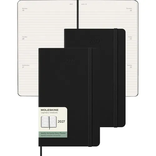 Moleskine 12 Monate Wochenkalender 2026, Large/A5, Schwarz - Praktischer Wochenkalender mit Notizfunktion, ideal für Planung und kreative Entfaltung. Hochwertiges elfenbeinweißes Papier und Gummibandverschluss sorgen für stilvolle Organisation.