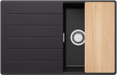 PRIMAGRAN Spülbecken Schwarz 78x50cm, Granitspüle 1 Becken + Ablauf-Set + Schneidebrett, Küchenspüle ab 45er Unterschrank - Kopenhagen S140