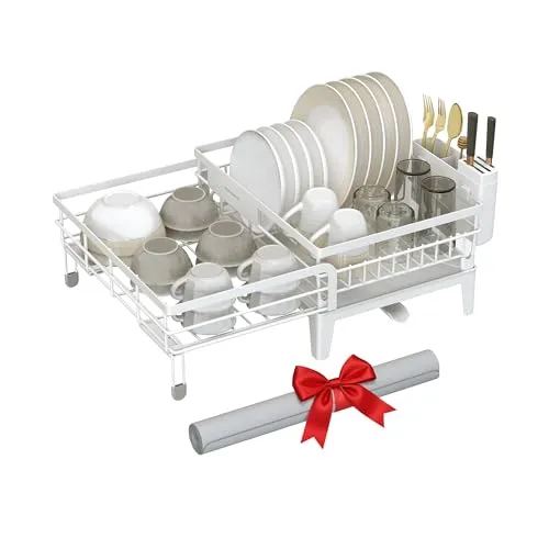 SONGMICS Abtropfgestell Geschirr, Geschirr-Abtropfständer, 360° drehbarer und ausziehbarer Ablauf, Abtropfschale, Besteckhalter, Küche, (31-56) x 42 x 20 cm, mattweiß-Taubengrau KCS552W01