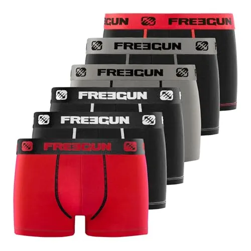 FREEGUN Unterhosen Männer Angenehm, Boxershorts Herren, Hypoallergen (6er Pack), Schwarz/Grau/Rot, L