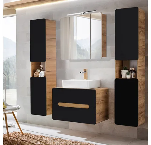 Lomadox Badmöbel-Set NEW-LUTON, 4-teilig in Wotan Eiche Nb. - Badmöbel-Set NEW-LUTON mit seidenmatten Oberflächen und Softclose-Systemen, ideal für modernes Badezimmer-Design und hohe Funktionalität.