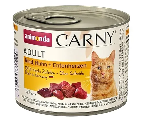 animonda Carny Katzen Nassfutter Rind + Huhn + Entenherzen (6 x 200g), getreidefreies Katzen Nassfutter ohne Zucker, mit frischen fleischigen Zutaten