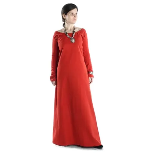 HEMAD Mittelalter-Kleid Hildegune - Elegantes Baumwollkleid in Rot (S/M) - Kostüm-Outfits für Erwachsene, hochwertiges Mittelalter-Kleid aus 100% Baumwolle mit Schnürung für authentischen Look, ideal für LARP und Reenactment.