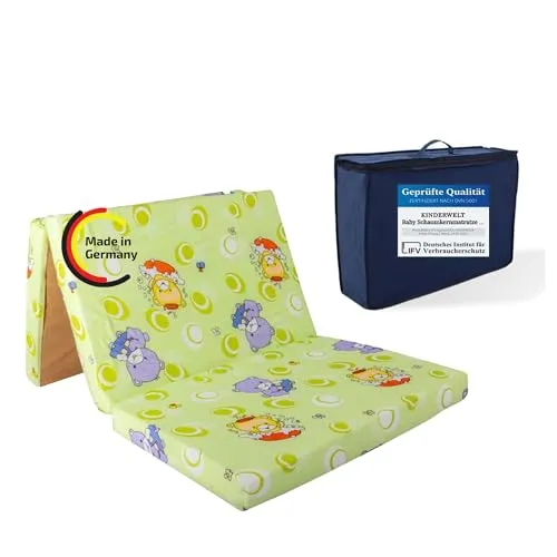 KiNDERWELT Reisebett Baby Reisematratze 120x60x6 cm, grün - Matratzen für Babybetten – Hochwertige Klappmatratze aus schadstoffgeprüftem Kaltschaum, ideal für Reisen, mit Tragetasche für einfachen Transport und optimalem Schlafkomfort.