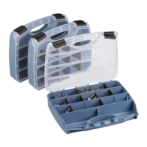 Relaxdays Sortierbox 3er Set, verschließbarer Werkzeugkasten, Kleinteilebox konfigurierbar, HBT 6x32x26 cm, grau-schwarz