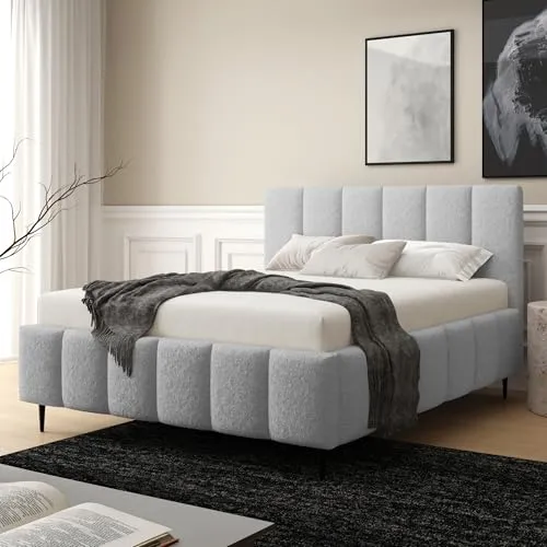 Home Collective Polsterbett Bett Doppelbett mit Bettkasten Bettgestell mit Lattenrost 140x200 160x200 180x200 weich gepolstert modernes Design Schlafzimmer Jugendzimmer Möbel | Hellgrau 140x200