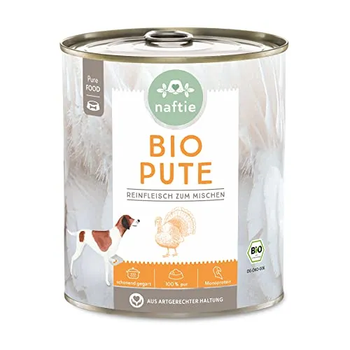 naftie Bio Hundefutter 100% Bio-Pute - Reinfleisch Pute pur - Nassfutter zum Mischen, Barf-Fleisch - Glutenfrei - Getreidefrei - 800 g Dose