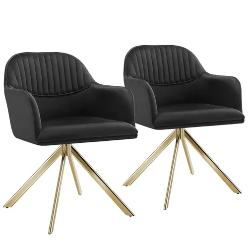 TecTake Samt-Drehstuhl Lona - 2er Set schwarz/gold - Bürostühle mit stilvollem Samtbezug und dicker Polsterung für höchsten Komfort. 360° drehbar und mit stabilen Stahlbeinen – ideal für gemütliche Abende!