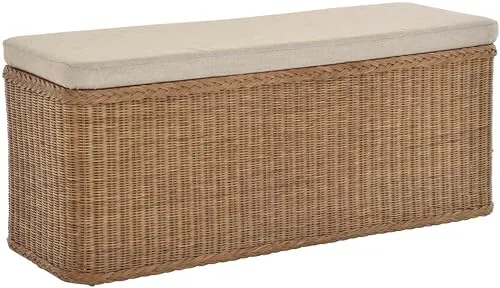 Krines Home Breiter Rattan Wäschekorb 115cm - Sitzbank und Wäschetruhe in einem, aus handgearbeitetem Natur-Rattan. Mit dick gepolstertem, robustem Deckel und herausnehmbaren Inlett für einfache Reinigung. Ideal für Flur oder Schlafzimmer.