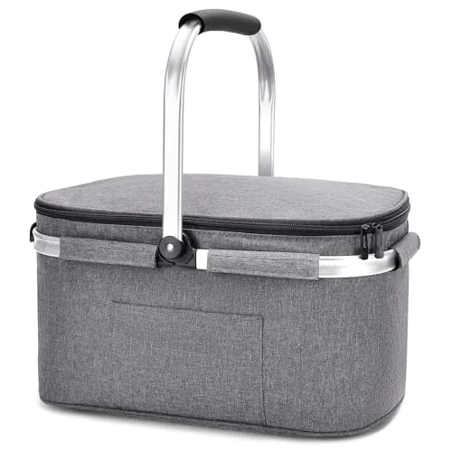 ALLCAMP Groß Faltbar Isoliert Kühltasche - Einkaufskorb Thermo Mit Deckel, Abnehmbarer Picknickkorb 2 Personen, Aluminiumrahmen Kühlkorb, Verdicken Thermokorb - Mit 2 Kühlakkus