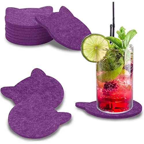 wortek Filz Untersetzer Gläser Lila in Katzenform – 8er Set Glasuntersetzer für Getränke, Tassen, Bar, Glas - Ø 10cm Tischuntersetzer waschbare Filzuntersetzer Gläser Glas Untersetzer-Set
