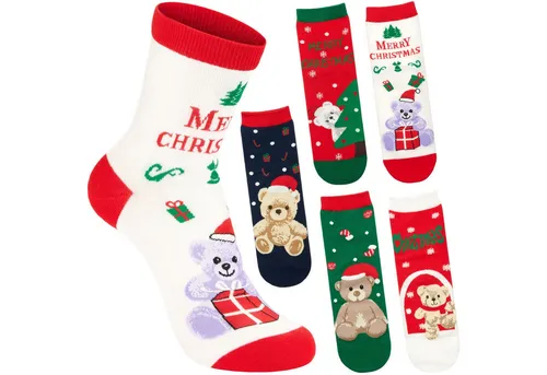 BRUBAKER Socken Damen Weihnachtssocken - Teddybär Merry Christmas (Bunte Baumwollsocken für Frauen - Geschenkset, 5-Paar, Kuschelsocken mit humorvollen Sockenmotiven) Lustige Damensocken für Weihnachten & Nikolaus