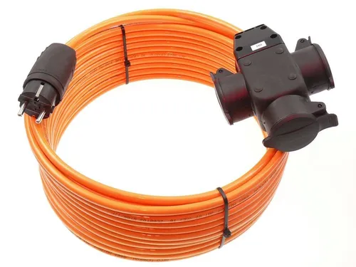 maxgo® SCHUKO PUR Verlängerung 3-Fach Kupplung 3G2,5 - 45m - Hochwertiges Verlängerungskabel für Industrie- und Baustelleneinsatz. Mit besonders robustem Polyurethanmantel, ideal für den Außenbereich und hohe mechanische Belastungen. Sichtbar durch die Signalfarbe Orange.