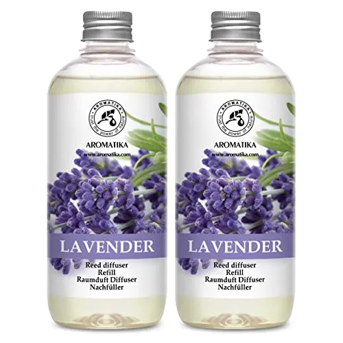 Raumduft Diffuser Nachfüller Lavendel mit Ätherischem Lavendelöl 1L - 2x500ml - Nachfüller Set für Duftdiffusor - Raumbeduftung - Zimmerduft - Diffuser Nachfüllen - Raumluft - Lavendelduft