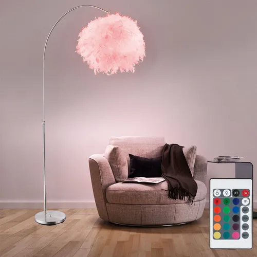 Moderne Feder Stehleuchte Weiß mit RGB LED - Stehleuchte in elegantem Design mit höhenverstellbarem Lampenschirm aus weißen Federn. Inklusive RGB LED Leuchtmittel für stimmungsvolle Beleuchtung und einfache Steuerung per Fernbedienung.