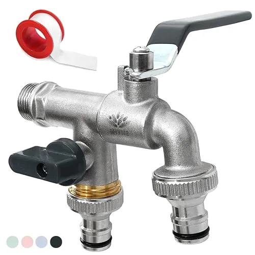 SHYNE Premium 3/4 Zoll Doppel-Wasserhahn aus Messing rost-, und frostsicher + 2X Gratis Schlauchanschlüsse + PTFE Band + Ebook | für Garten, Waschmaschine, Regentonne