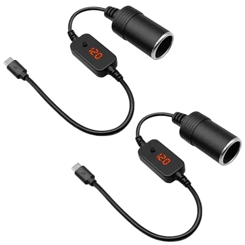 Hoembpn 2 Stück USB C Stecker auf 12V Auto Zigarettenanzünder Buchse Adapter Kabel Konverter mit Voltmeter Anzeige, Einstellbare Spannung 5V/9V/12V, Geeignet für Auto Ladegerät, GPS, Dashcam