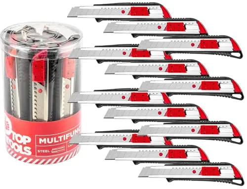 Top Tools 12-teiliges Set Cuttermesser mit rotem Schiebeschliff, 18 mm breit