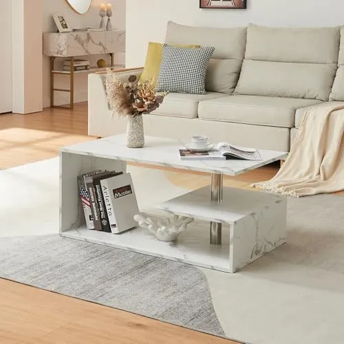 [en.casa] Couchtisch Haarlem – Rechteckiger Wohnzimmertisch mit Stauraum - Beistelltische fürs Wohnzimmer: Moderner Couchtisch in Marmoroptik mit cleverem Stauraum für Bücher und Deko – ideal für gemütliche Abende und stressfreie Reinigung.