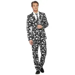 Smiffys Partyanzug Schädel Suit Halloween Anzug - Party Kostüm, Der Tod steht ihm gut:grausig bedruckter Anzug für die Halloweenparty grau L
