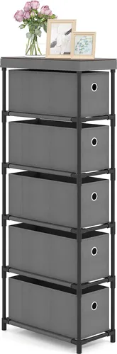 COSTWAY Schmaler Kommode mit 5 Schubladen - Kommode für engen Raum, bietet 5 faltbare Schubladen und eine stabile Metallstruktur mit Kipp-Schutz. Ideal als Beistelltisch oder Nachttisch, für Wohnzimmer und Büros.