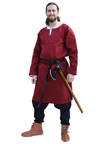Battle-Merchant Mittelalter Tunika Albrecht - Herren LARP Kostüm in Rot oder Blau - Knielange, langärmlige Tunika aus 100% Baumwolle mit seitlichen Schlitzen für optimale Bewegungsfreiheit. Ideal für Mittelalter, LARP oder Karneval. Erhältlich in S-XXL.
