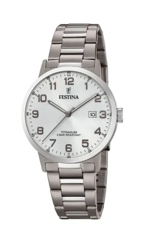 Festina F20435/1 Unisex Analog Quarz Uhr - Titan Armband und Gehäuse, 40mm Durchmesser, silbernes Ziffernblatt mit arabischen Ziffern, 5 bar wasserdicht - ideal für den täglichen Gebrauch