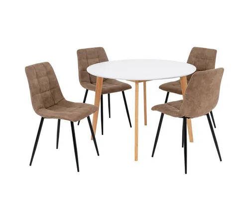 ebuy24 Essgruppe Vojens 5-tlg. Esstisch Ø105cm in Weiß - Moderne 5-teilige Essgruppe mit einem Ø105cm Tisch und 4 bequemen Stühlen. Ideal für kleine Räume, hochwertig verarbeitet aus MDF und Stahl.