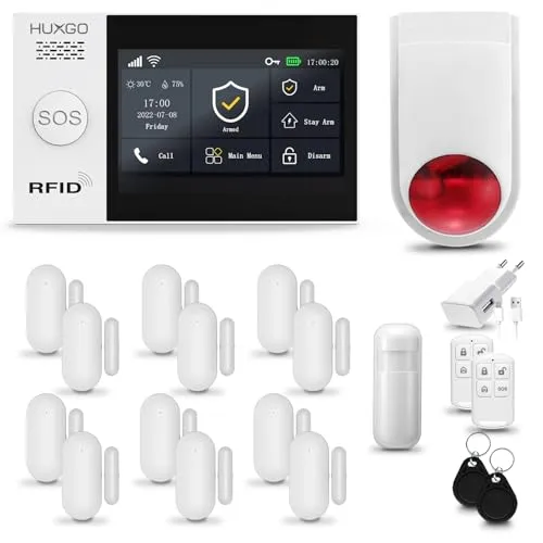 HUXGO® HXA007 Funk Alarmanlage Set WiFi + GSM mit Alarmsirene | Alarm System mit Bewegungsmelder, 12x Fensteralarm/Türsensoren | Alarmanlage fürs Haus, Wohnung, Wohnmobil | Smart Home