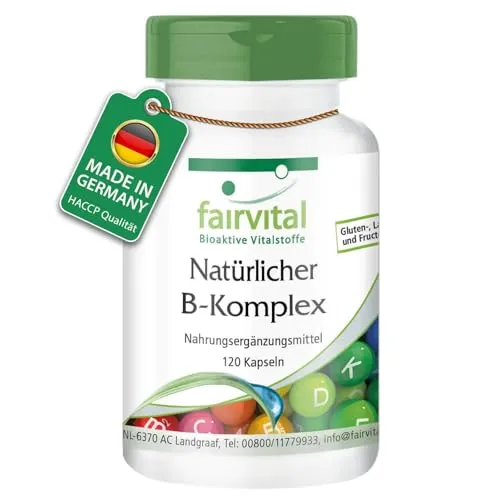 Fairvital | Vitamin B Komplex - natürlich aus Hefe - alle 8 B-Vitamine (B1, B2, B3, B5, B6, B7, B9, B12) - VEGAN - 120 Kapseln - mit Cholin und Inositol