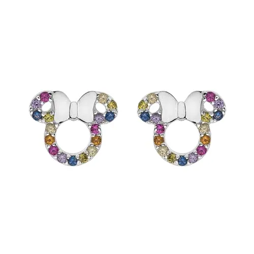 Disney Minnie Mädchen-Kinderohrringe aus 925er Silber - Hübsche Ohrstecker mit der Silhouette von Minnie Mouse und bunten Zirkonia-Steinen, ideal als Geschenk für jeden Anlass, in einer schönen Geschenkbox.