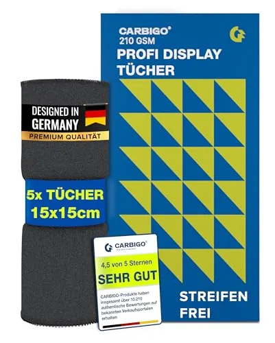 Carbigo® 210 GSM Profi Mikrofasertuch Display – Streifenfreie Reinigung von Display, Brillen, Bildschirmen – Fusselfreies & weiches Microfasertuch Display – Innovatives Poliertuch Display 15x15cm (5)