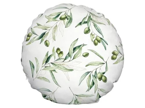beties - Italy Collection -, Kissenhülle ca. Ø 60 cm rund Olive, 100% Baumwolle – Premium Qualität – weiß mit grünen Oliven und zart goldenen Details