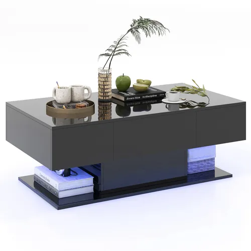 COSTWAY Couchtisch mit LED Beleuchtung Helligkeit einstellbar, Wohnzimmertisch mit 2 Schubladen, Kaffeetisch inkl. Fernbedienung, 110x60x40cm Schwarz