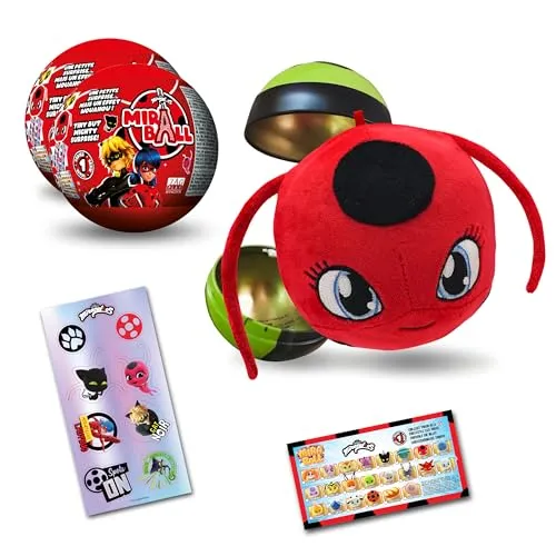 Miraculous Ladybug, Sammelspielzeug Kapsel 4-1, 2er-Set, Miraball Überraschung: Ausdehnbares Kwami-Plüschtier, Metallkugel mit Charakterbildern, Glitzernde Aufkleber, Aufhängeband