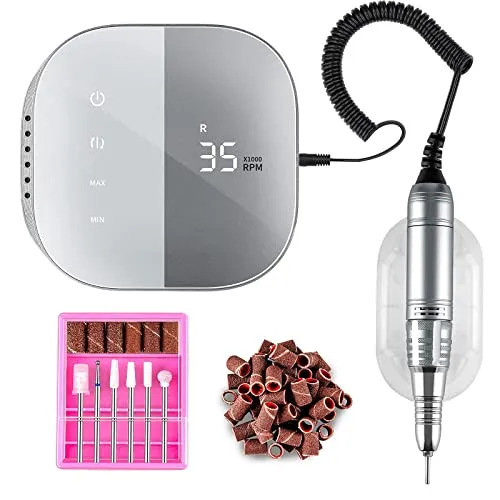 Madenia Elektrische Nagelfräser TouchPro Gelnägel 35000 U Min Profi Nagelfeile Elektrische Maniküre Pediküreset Kunstnägel, mit HD-Digitalanzeige, inkl 6x Bits, grau…