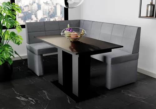 Eckbankgruppe BLAKE XL mit Esstisch DANTE - Sitzbänke für Wohnzimmer, Küche und Esszimmer, inklusive stilvollem Esstisch DANTE in Schwarz, ideal für gesellige Runden und Familienessen.