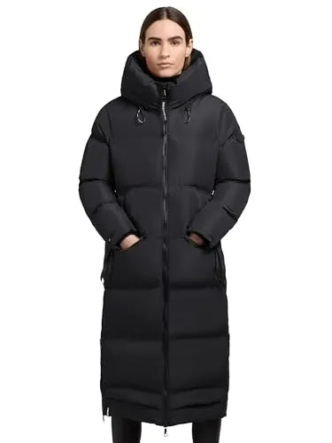 khujo Damen Wintermantel Aroma-YM Black, Gr. XXL - Funktionsjacken: Warmer, langer Steppmantel mit hohen Gehschlitzen und Kapuze, ideal für kalte Tage dank wasserabweisendem Material und Fleece-fütterten Taschen.