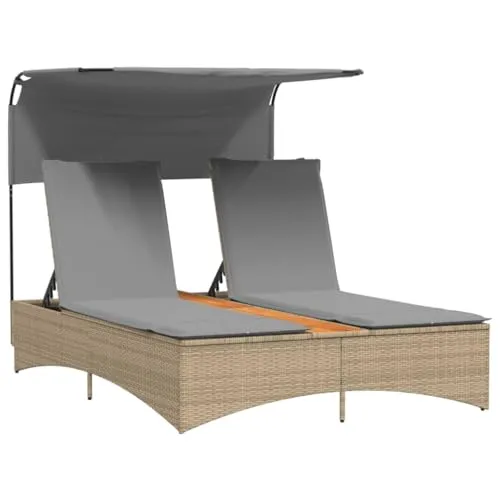 vidaXL Doppel-Sonnenliege mit Dach und Auflagen – Beige Poly Rattan - Gartenliegen für entspannte Stunden im Freien! Diese Doppelliege mit verstellbaren Rückenlehnen und Sonnendach bietet Komfort und Schutz vor der Sonne.