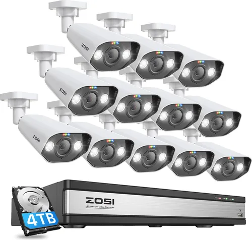 ZOSI 4K PoE Überwachungskamera Set mit 2 Wege Audio - Überwachungskameras mit 12x 8MP IP Aussen Kameras, Farb-Nachtsicht und Personenerkennung für maximalen Schutz und Sicherheit.