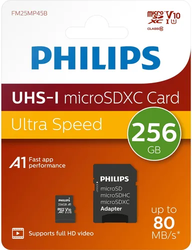 Philips Ultra Speed microSDXC Card 256 GB - UHS-I U1, Lesegeschwindigkeit bis zu 80 MB/s, ideal für (Full) HD-Videoaufnahmen und schnelle App-Performance