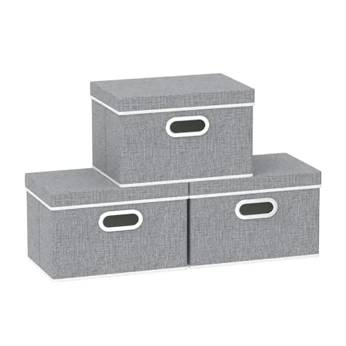 Produktbild Yawinhe 3 Stück Aufbewahrungsboxen mit Deckel, Faltbare Stoffbox mit Griffen, Boxen Aufbewahrung, für Schlafzimmer, Kleideraufbewahrung, 32x23x20cm, Grau, SNK023G-3